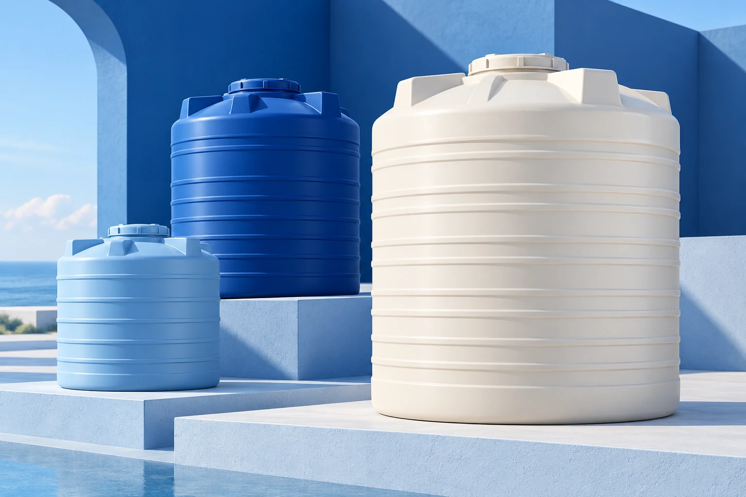Illustration of white and blue plastic water-storage tanks